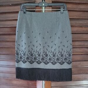 Vintage Express Gray Fringe Pencil Skirt Floral Feminine Whimsygoth Size 7/8